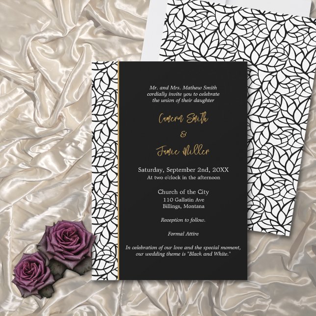 Invitation Mariage de la frontière du Motif de la feuille noi (Black & White Leaf Pattern Border Wedding Invitation)