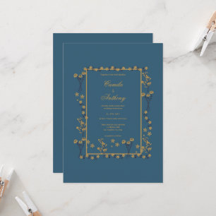Invitation Mariage de la frontière florale d'or de la Marine