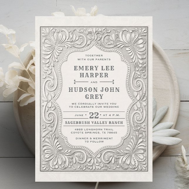 Invitation Mariage de la grange rustique de l'Ouest en cuir à (cowboy wedding invitation tooled leather effect elegant country western barn backyard black white)