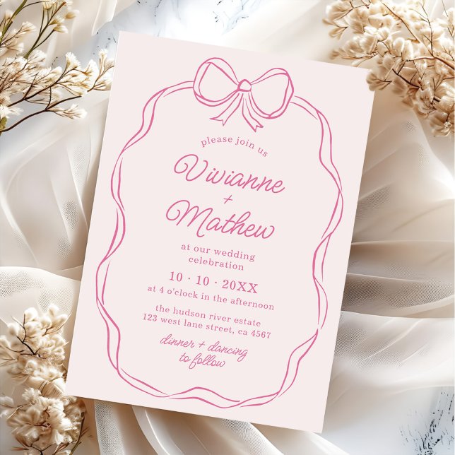 Invitation Mariage de la main moderne tiré rose Bow (Créateur téléchargé)