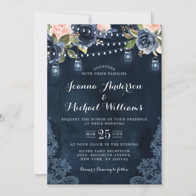 Invitation Mariage de la Marine bleu bleu rose rose (Devant)