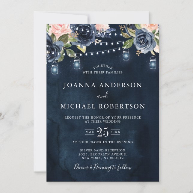Invitation Mariage de la Marine bleu bleu rose rose (Devant)