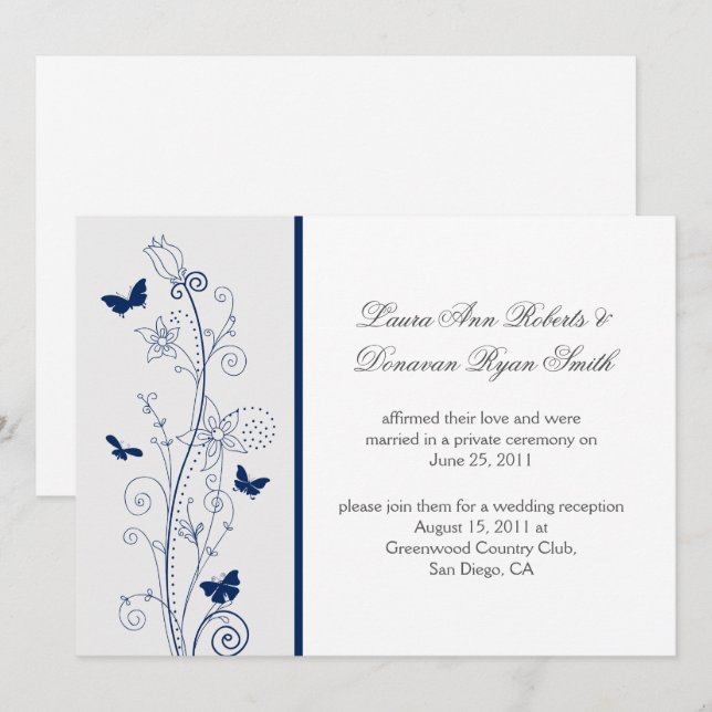 Invitation Mariage de la marine Blue Butterflies Ornate Swirl (Devant / Derrière)