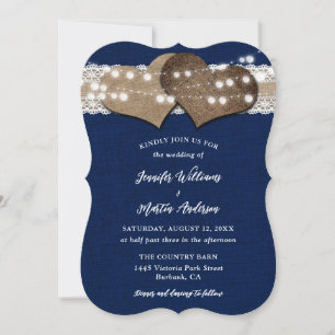 Invitation Mariage de la marine Blue Country Burlap Lace Ligh
