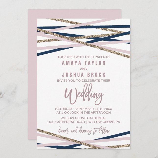 Invitation Mariage de la marine Blush et Gold Streamers (Devant / Derrière)