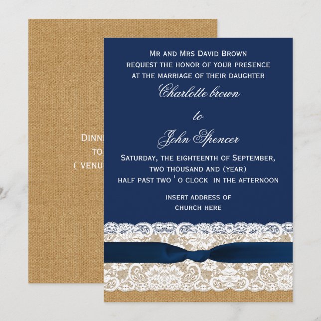 Invitation Mariage de la marine Burlap et Lace (Devant / Derrière)