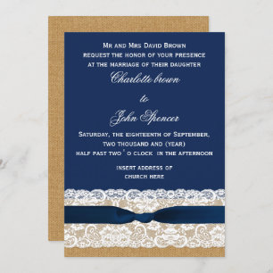Invitation Mariage de la marine Burlap et Lace