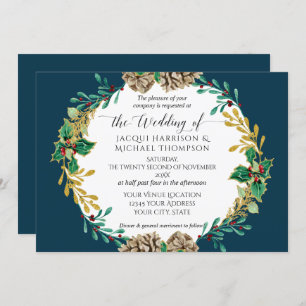 Invitation Mariage de la Marine Gold Christmas Pine Cone