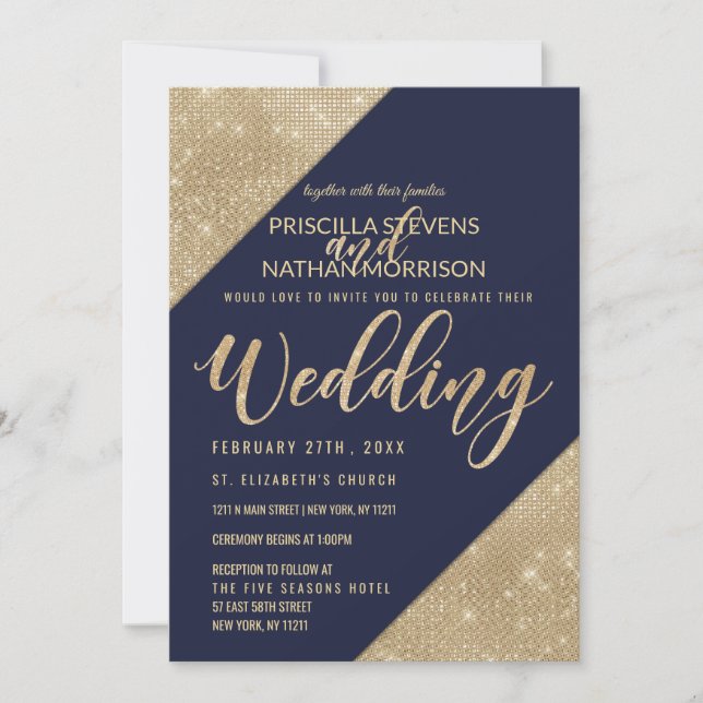 Invitation Mariage de la Parties scintillant Gold et Navy Blu (Devant)