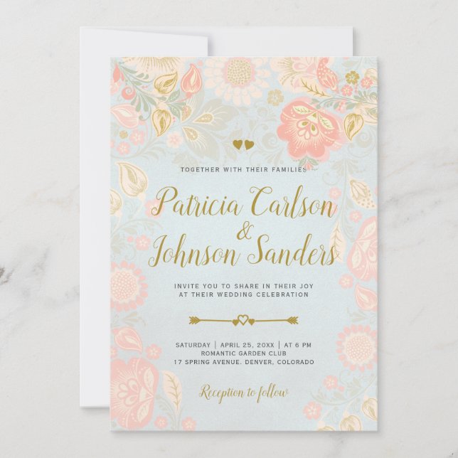 Invitation Mariage de la pêche à l'or et des fleurs de printe (Devant)