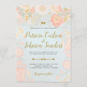 Invitation Mariage de la pêche à l'or et des fleurs de printe