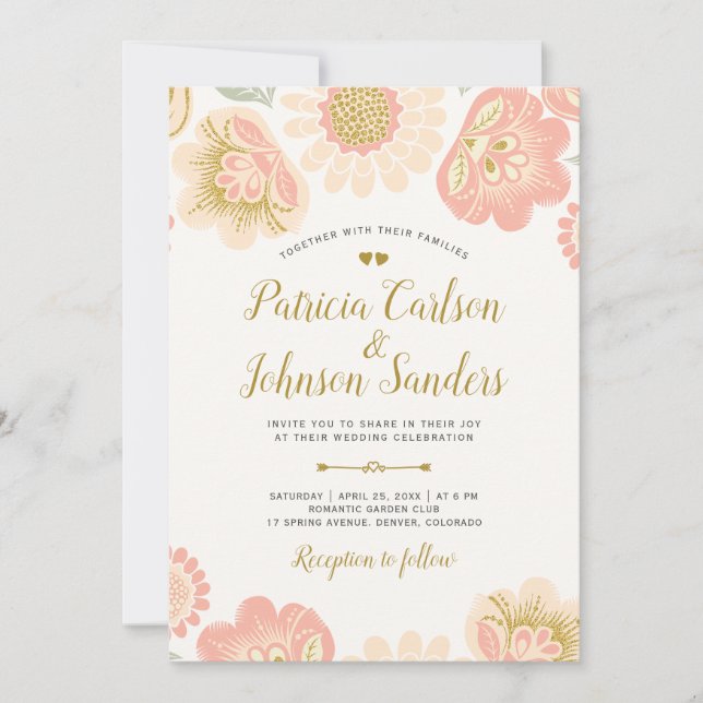 Invitation Mariage de la pêche à l'or et des fleurs de printe (Devant)