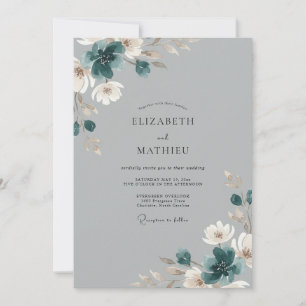 Invitation Mariage de la Pivoine Cyan Acier