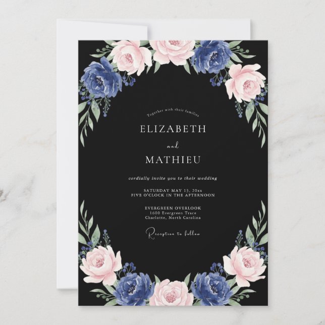Invitation Mariage de la Pivoine Navy de Minuit (Devant)