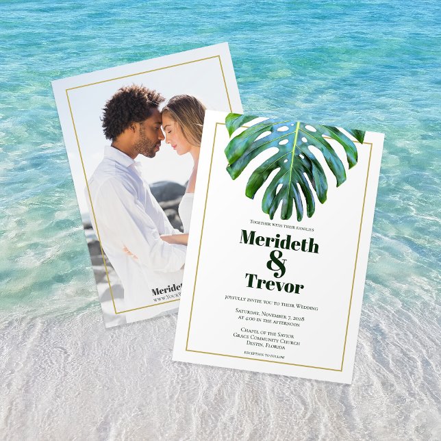 Invitation Mariage de la plage de photo moderne Tropical Leaf (Créateur téléchargé)