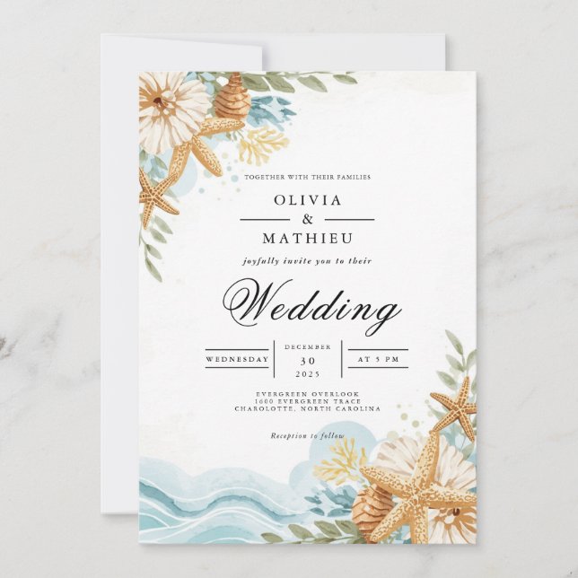 Invitation Mariage de la plage florale de Starfish (Devant)