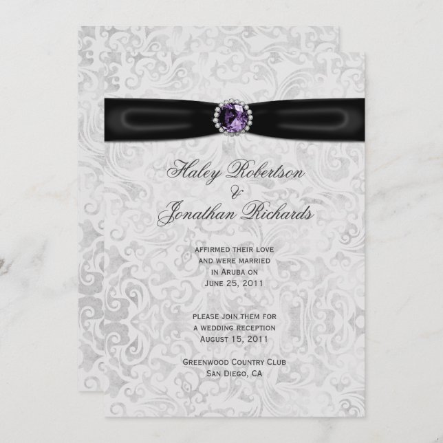 Invitation Mariage de la poste de bijoux violet en argent noi (Devant / Derrière)