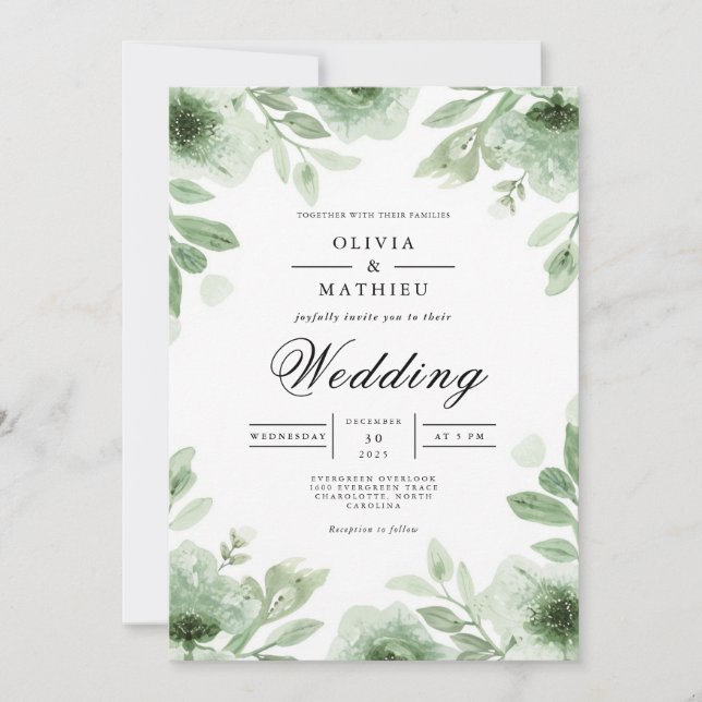 Invitation Mariage de la romance botanique de fleurs verdoyan (Devant)