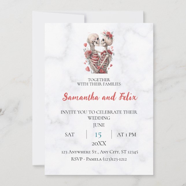 Invitation Mariage de la rose squelettique embrassant le marb (Devant)