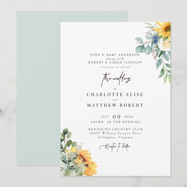 Invitation Mariage de la Sauge à Feuillage Moderne Deux Paren (Devant / Derrière)