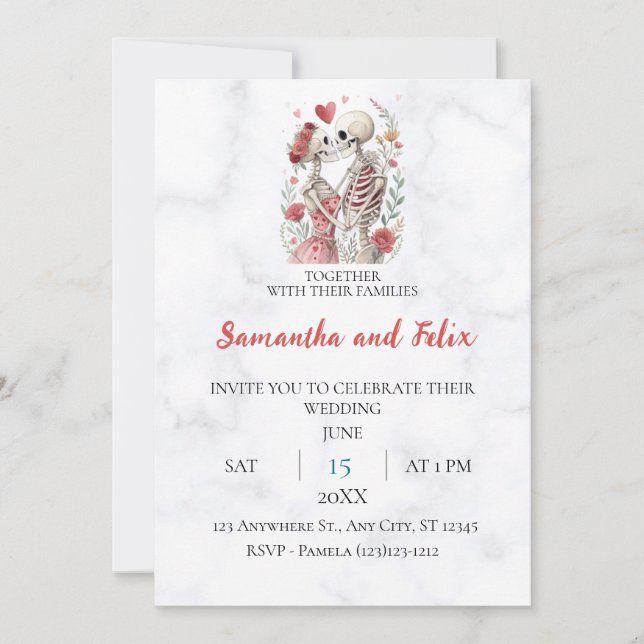Invitation Mariage de la Skeleton Florale sur Marbre (Devant)