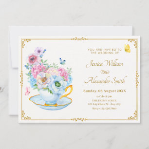 Invitation Mariage de la tasse de thé papillon de fleurs