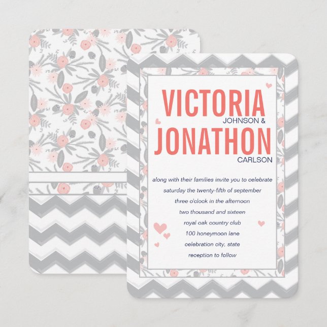 Invitation Mariage de la typographie de Zag Peach Navy et Gre (Devant / Derrière)