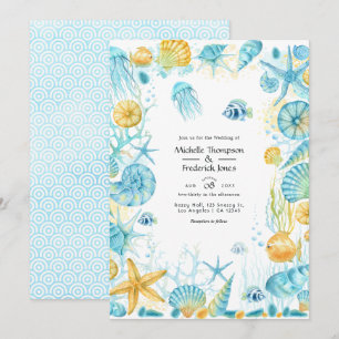 Invitation Mariage de la vie marine bleu et jaune