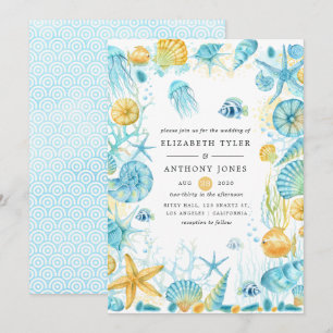 Invitation Mariage de la vie marine bleu et jaune