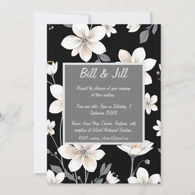 Invitation Mariage de la zone de texte Gris Floral noir et bl (Devant)