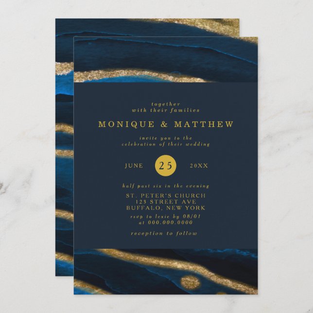 Invitation Mariage de l'agate bleu et or de la marine (Devant / Derrière)