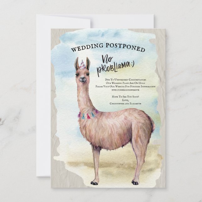 Invitation Mariage de Lama Drôle Reporté Date Aquarelle (Devant)