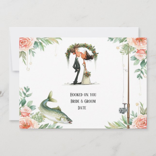 Invitation Mariage de l'amoureux de la pêche avec canne et fl (Devant)