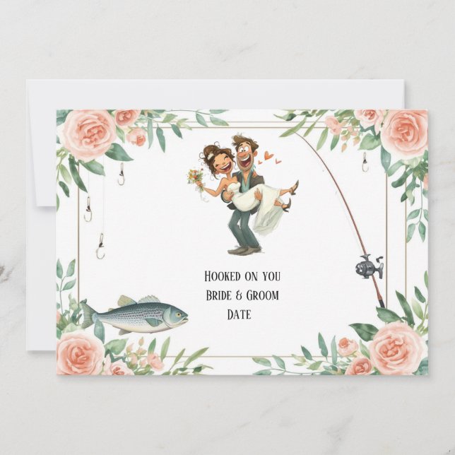 Invitation Mariage de l'amoureux de la pêche avec canne et fl (Devant)
