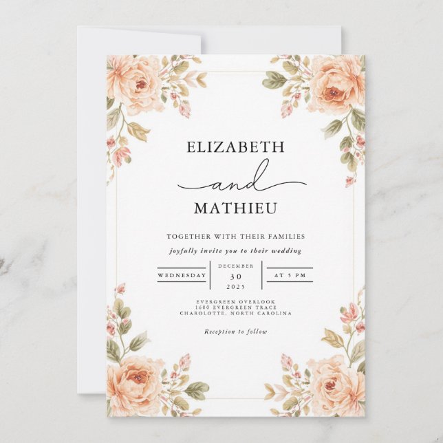 Invitation Mariage de l'angle floral de pêche souple (Devant)