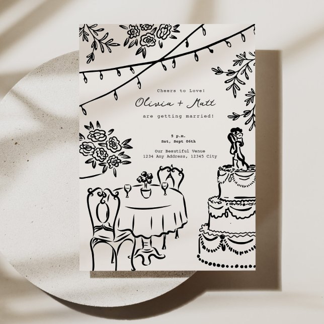 Invitation Mariage de lanternes à main fantaisie (Lantern Wedding Invitation, Hand Drawn Wedding Invite, Whimsical Wedding Card, Romantic Lanterns Wed)