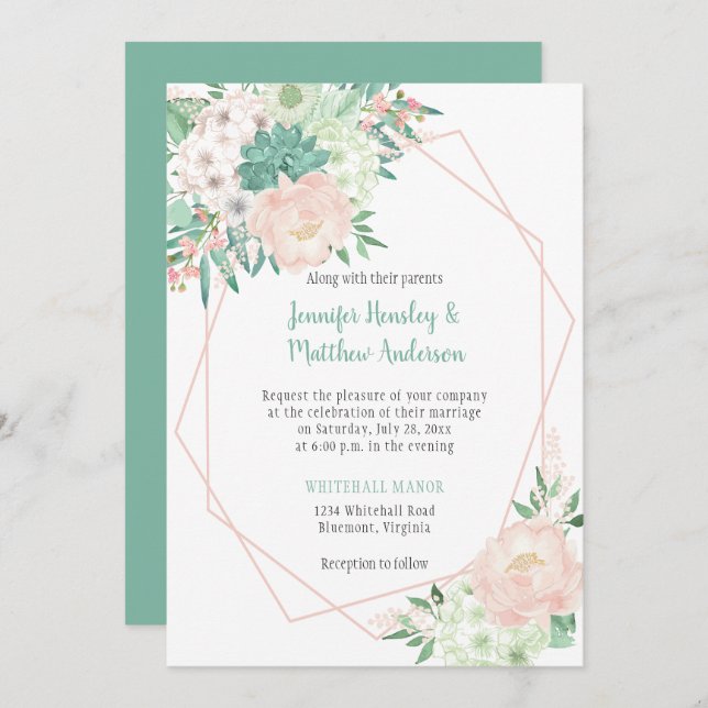 Invitation Mariage de l'aquarelle moderne Mint and Blush| (Devant / Derrière)