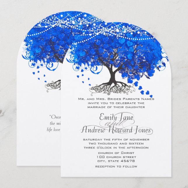 Invitation Mariage de l'Arbre à Feuille en Forme de Cœur Bleu (Devant / Derrière)