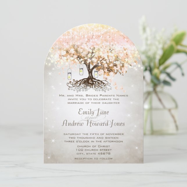 Invitation Mariage de l'arbre à feuilles en forme de cœur ros (Debout devant)