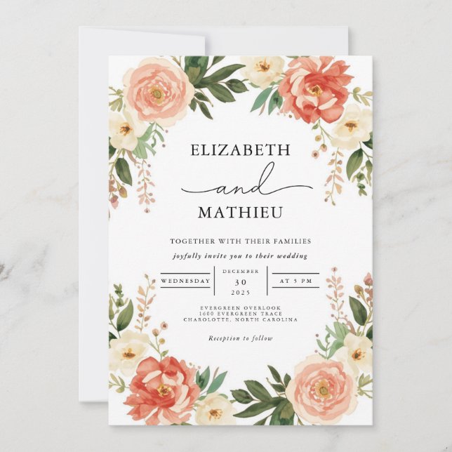 Invitation Mariage de l'arc botanique en fleurs de pêche (Devant)