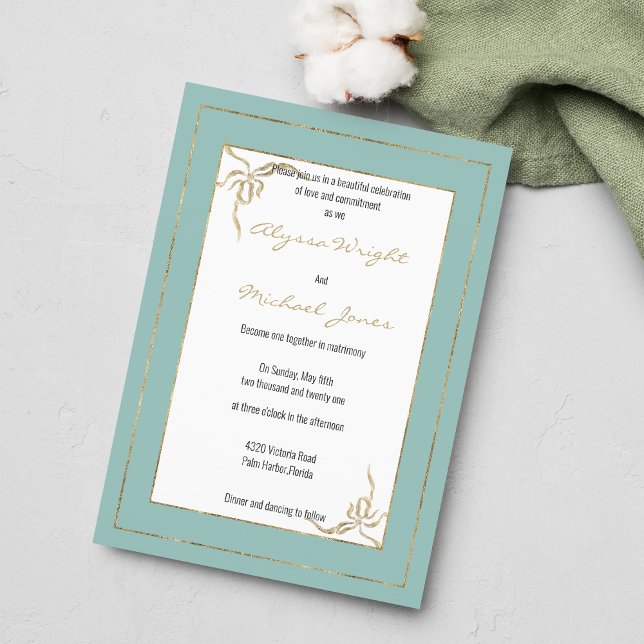Invitation Mariage de l'arc de glam géométrique en or vert à  (Mint green gold geometric glam bow Wedding )