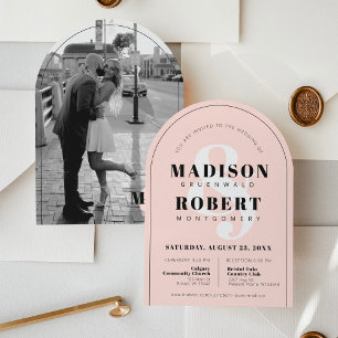 Invitation Mariage de l'arc photo noir et blanc rose