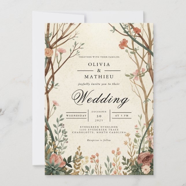 Invitation Mariage de l'arche en fleurs de bois rustique (Devant)