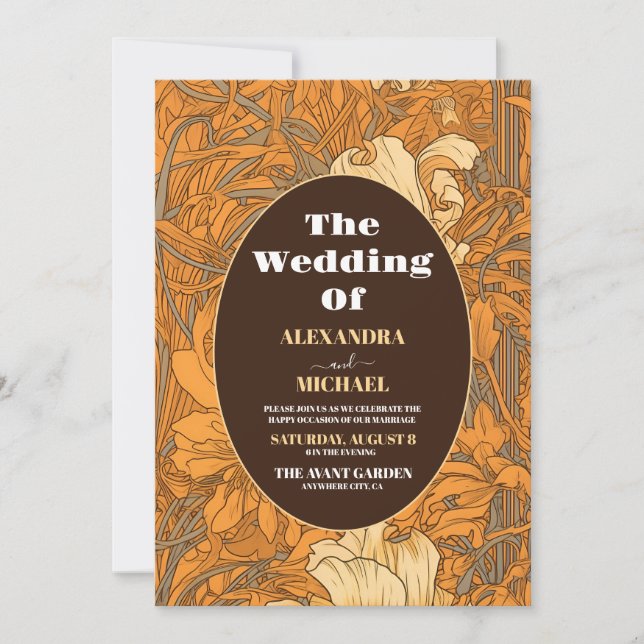 Invitation Mariage de l'Art Nouveau Floral Orange Brûlé (Devant)