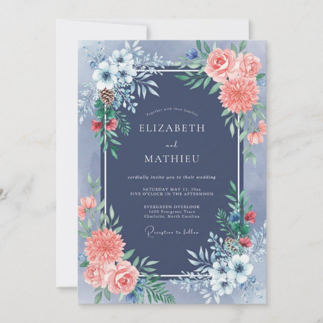 Invitation Mariage de laurier floral corail marine (Devant)