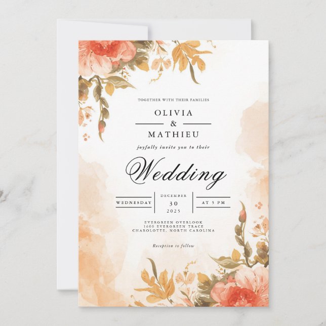 Invitation Mariage de lavage botanique de corail doux (Devant)