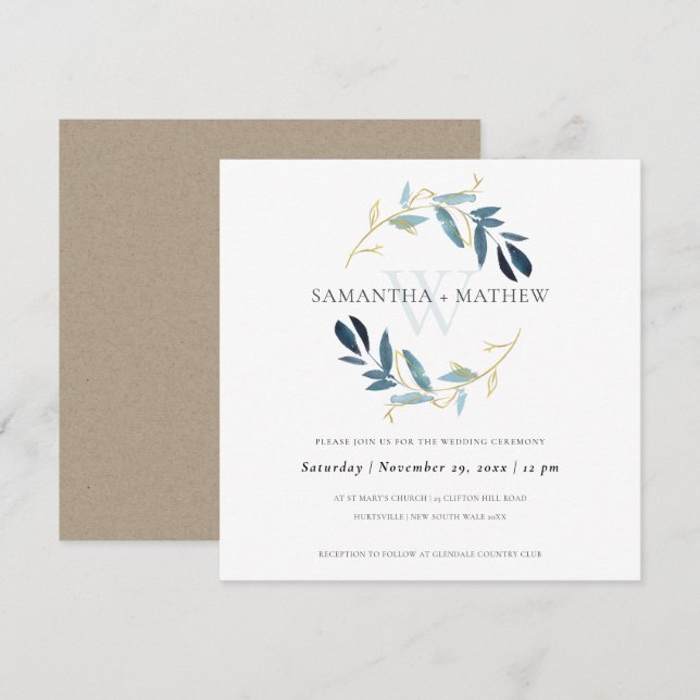 INVITATION MARIAGE DE LAVAGE DE COULEUR D'EAU EN FOLIAGE BLEU (Devant / Derrière)