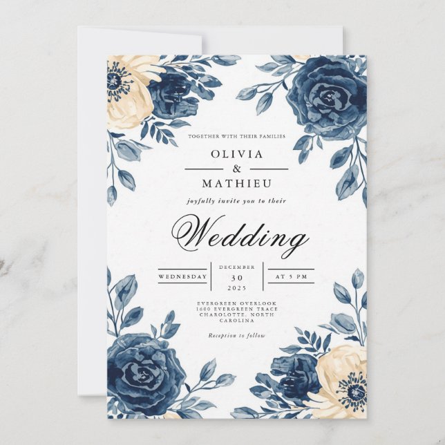 Invitation Mariage de lavage floral de la marine (Devant)