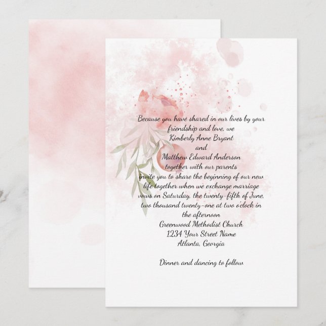 Invitation Mariage de lavage Pastel Pink Peony (Devant / Derrière)