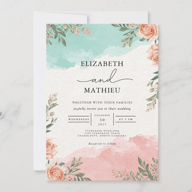 Invitation Mariage de lavage Turquoise de corail (Devant)